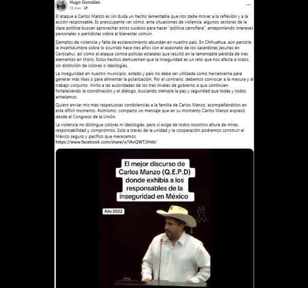 Con video de Carlos Manzo contra Calderon, Hugo González pide frenar “política carroñera” de este asesinato