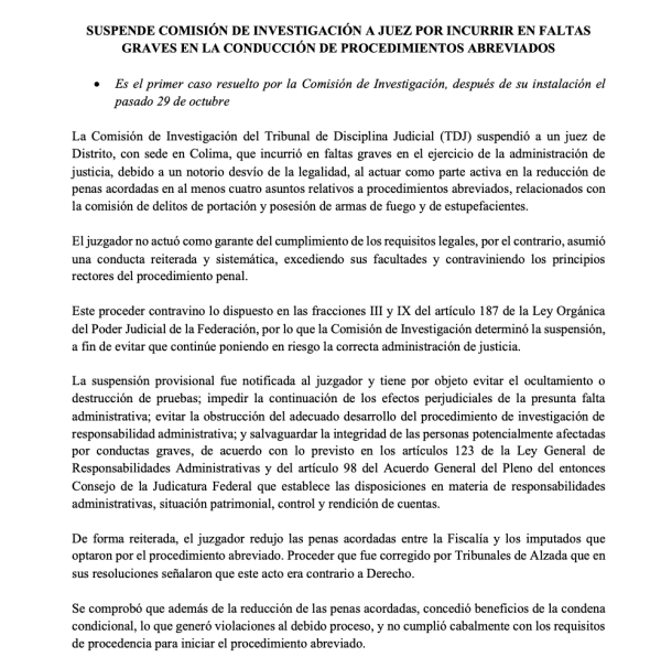 Suspenden a juez en Colima por faltas graves en procedimientos judiciales