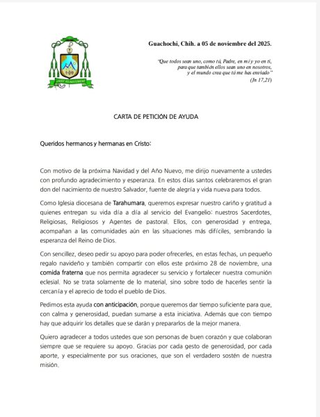 Solicita la iglesia Diocesana Tarahumara donaciones para cena navideña