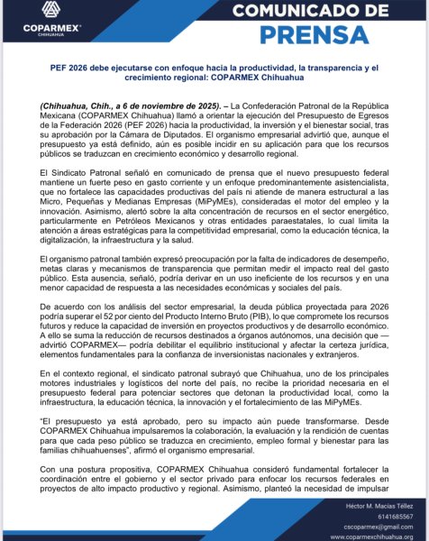 PEF 2026 debe ejecutarse con enfoque hacia la productividad, la transparencia y el crecimiento regional: COPARMEX Chihuahua