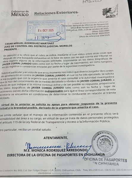 Relaciones Exteriores solicita apoyo judicial para ubicar lugar de nacimiento de Javier Corral