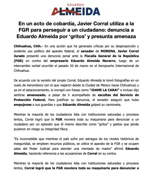 Javier Corral usa la FGR para perseguir a un ciudadano por los ‘gritos’ y empujones en el aeropuerto de Chihuahua