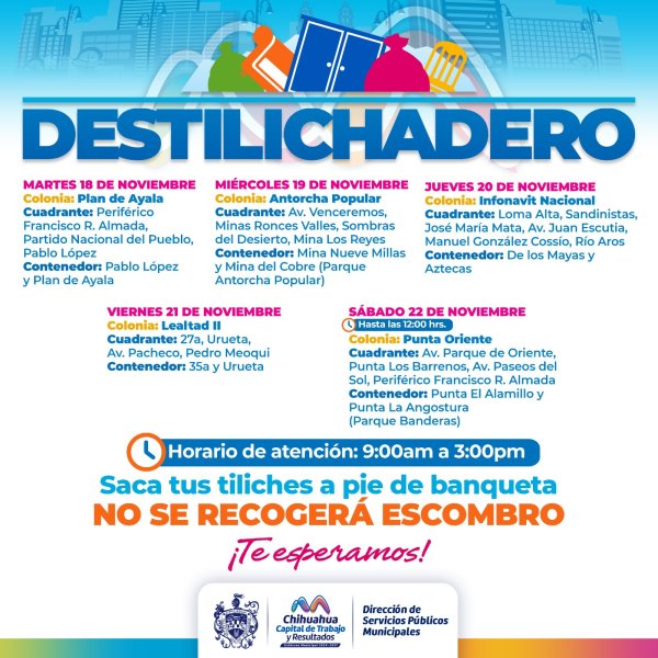 Estará Destilichadero en 5 colonias del 18 al 22 de noviembre