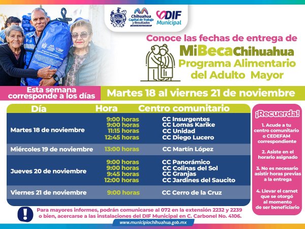 Conoce aquí los lugares donde puedes recoger del 18 al 21 de noviembre,  tu apoyo PAAM del DIF Municipal