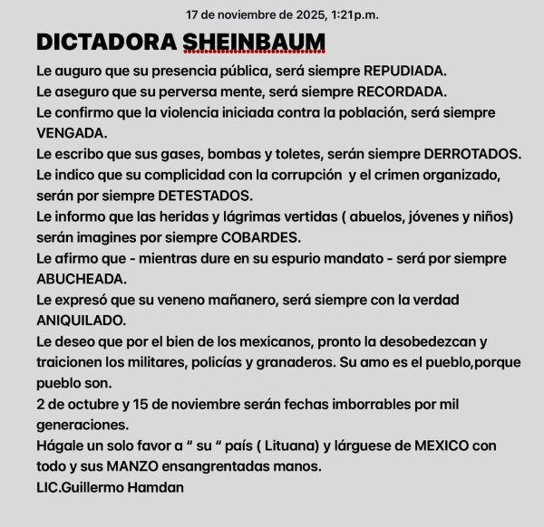 Mensaje de Guillermo Hamdan a Claudia Sheinbaum