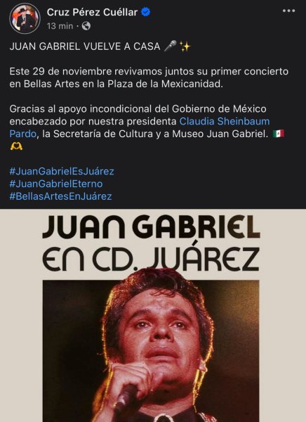 Anuncia Cruz Pérez Cuéllar proyección del primer concierto en Bellas Artes de Juan Gabriel