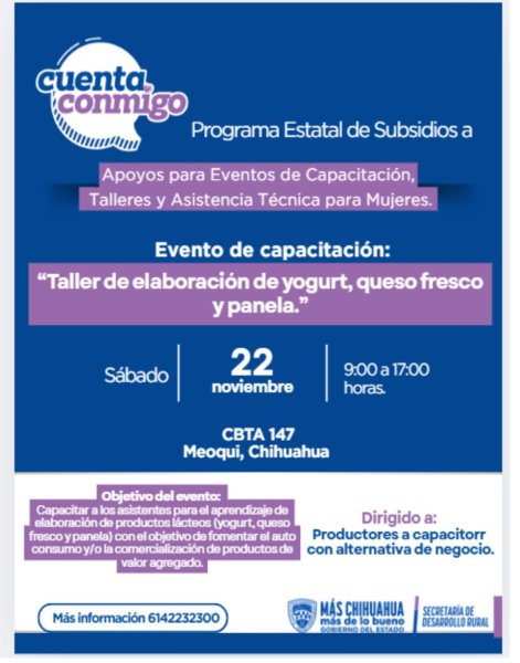 Realizarán en Meoqui curso gratuito de producción de productos lácteos para mujeres este sábado