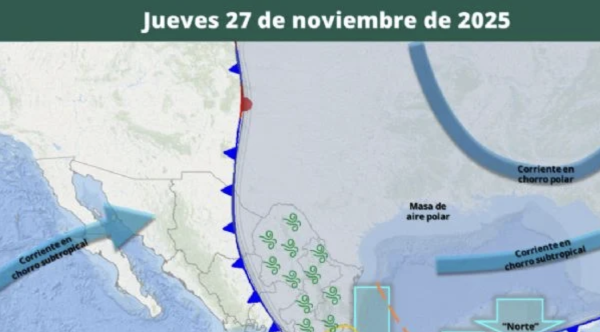 La masa de aire polar del frente frío 16 cubrirá la mitad del país el jueves; lluvias se intensificarán