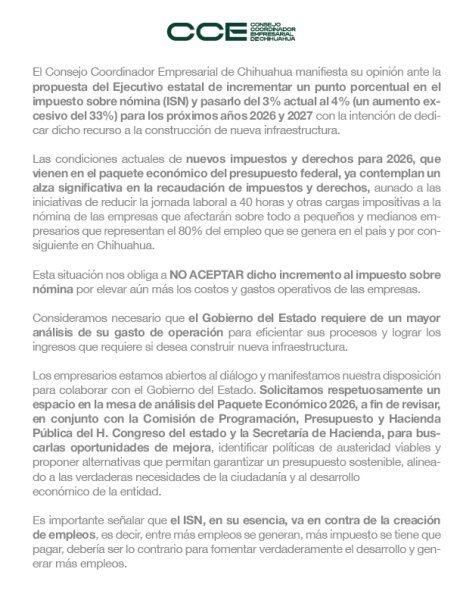 CCE Chihuahua rechaza propuesta estatal de aumentar el Impuesto Sobre Nómina