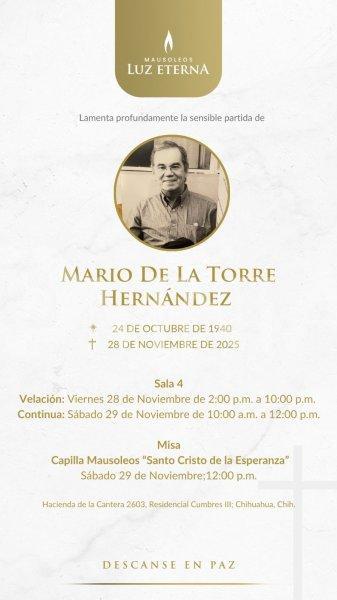 Este es el obituario del funeral de Don Mario De la Torre