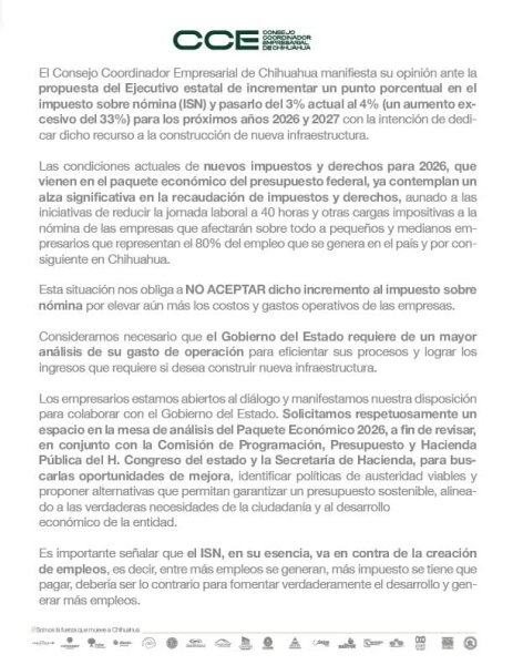 CCE Chihuahua rechaza el aumento de ISN; aseguran que afectará a las PYMES