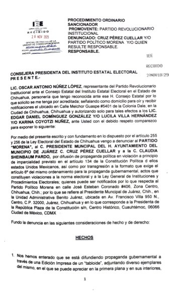 PRI Chihuahua denuncia a Cruz Pérez Cuéllar y a Morena por propaganda ilegal y actos anticipados de campaña