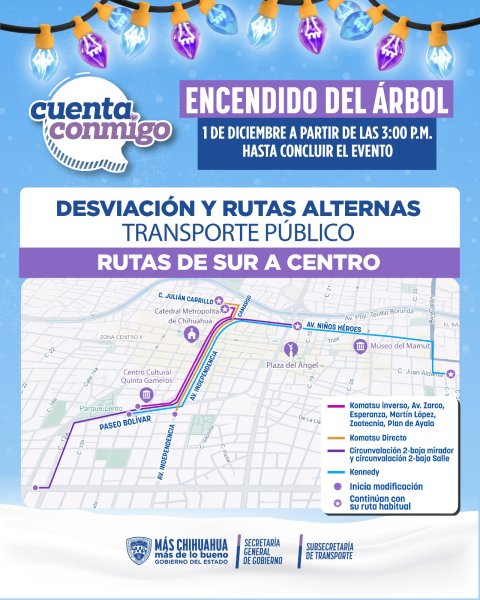 Anuncia Subsecretaría de Transporte modificaciones en rutas con motivo del Encendido del Árbol