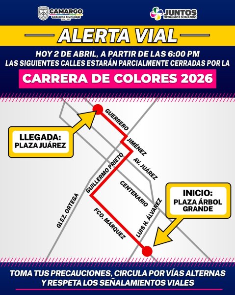 Vialidad pide tomar precaución por cierre parcial de calles hoy en la Carrera de Colores en Camargo