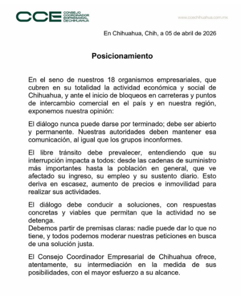 Empresarios de Chihuahua llaman al diálogo ante bloqueos carreteros