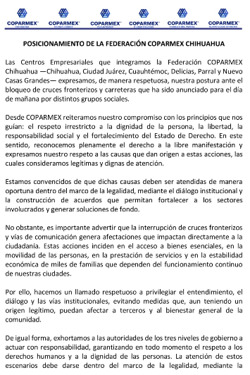 Urge Coparmex a autoridades actuar ante cierres carreteros para proteger la economía de los chihuahuenses