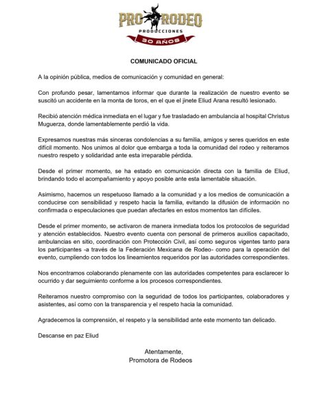 ProRodeo confirma fallecimiento de jinete de toros tras accidente en el evento “Rodeo de la primavera”