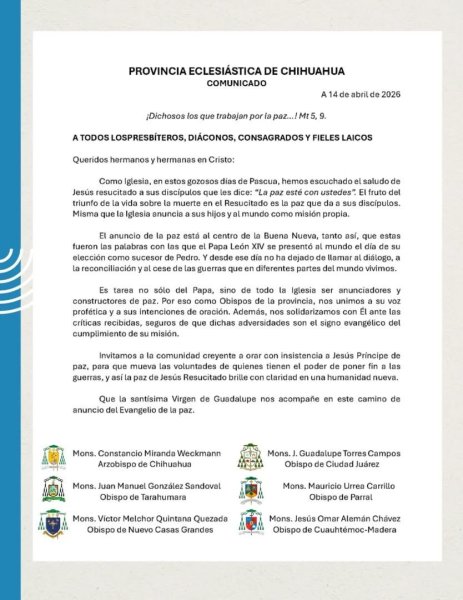 Provincia Eclesiástica de Chihuahua pide el paz a la guerra y respalda al Papa León XIV tras diferencias con Trump