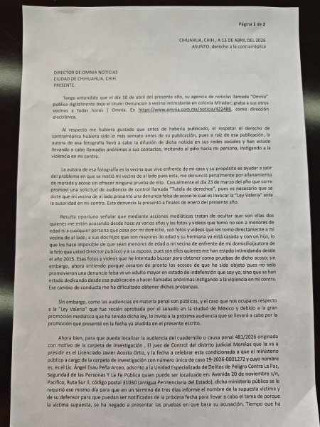 Derecho de réplica a hombre denunciado por acoso a vecinos en la colonia Mirador
