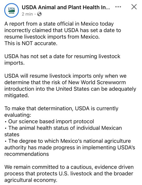 USDA aclara que no hay fecha para reanudar importación de ganado desde México