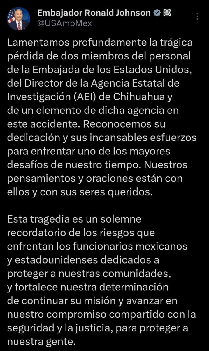 Lamenta embajador de EU en México fallecimiento de agentes en Chihuahua