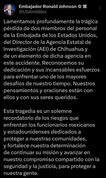 Lamenta embajador de EU en México fallecimiento de agentes en Chihuahua