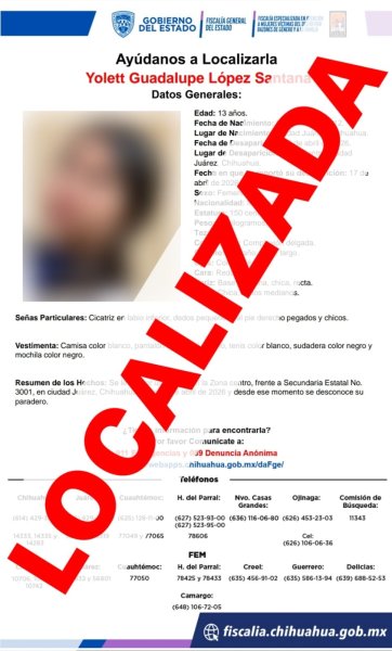 Localizan sana y salva a adolescente de 13 años de edad que tenía reporte de ausencia