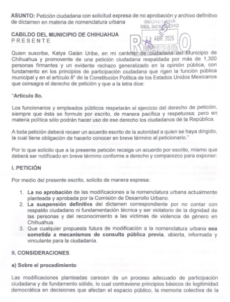 Ciudadana presenta más de mil 300 firmas contra cambio de nombres de calles en Chihuahua