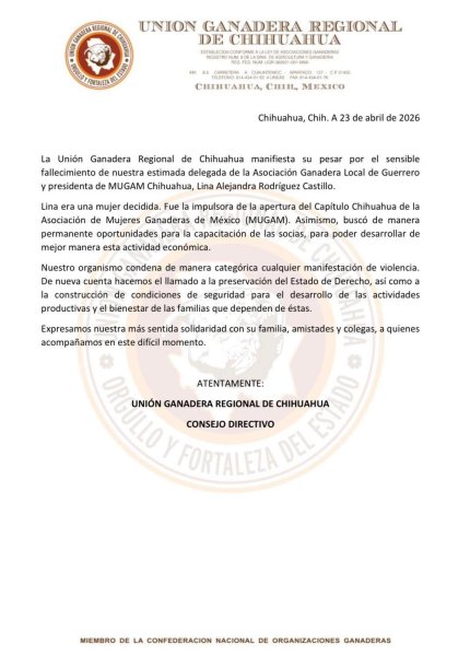 Lamenta la UGRCH fallecimiento de Lina Rodríguez; presidenta de MUGAM Chihuahua
