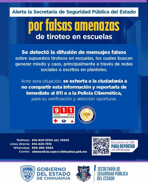 Alertan SSPE sobre mensajes falsos de tiroteos en escuelas; Exhorta Gilberto Loya a reportar de inmediato al 911