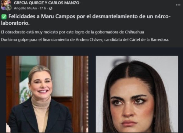 Grecia Quiroz felicita a Maru Campos por aseguramiento de narcolaboratorios; señala que es “durísimo golpe” al financiamiento de Andrea Chávez