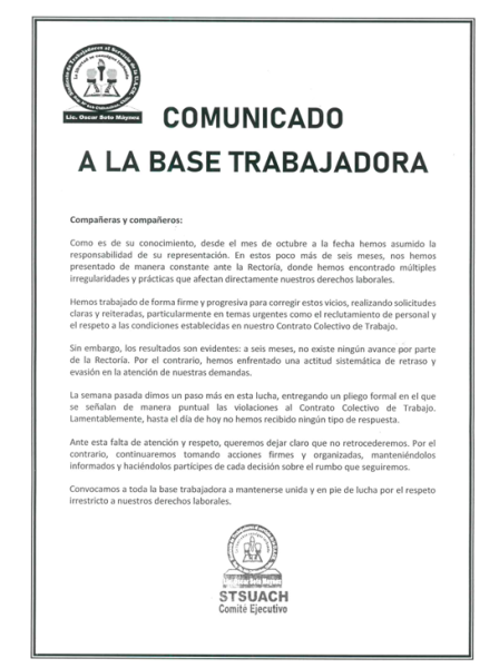 STSUACH denuncia falta de respuesta de Rectoría y señala a Alberto Espino