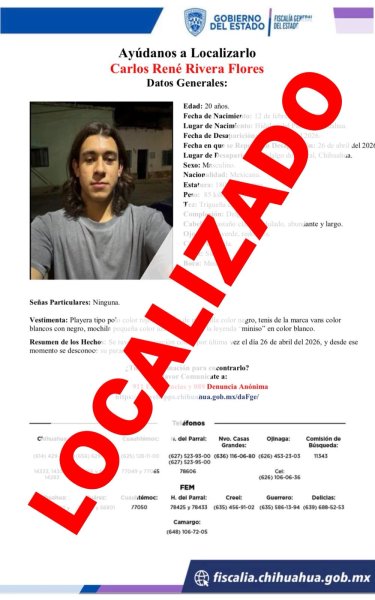 Confirma FGE Zona Sur localización con vida de joven desaparecido en Parral