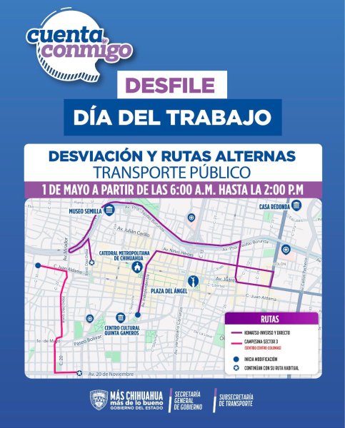 Anuncia Subsecretaría de Transporte modificaciones en rutas por el desfile del Día del Trabajo