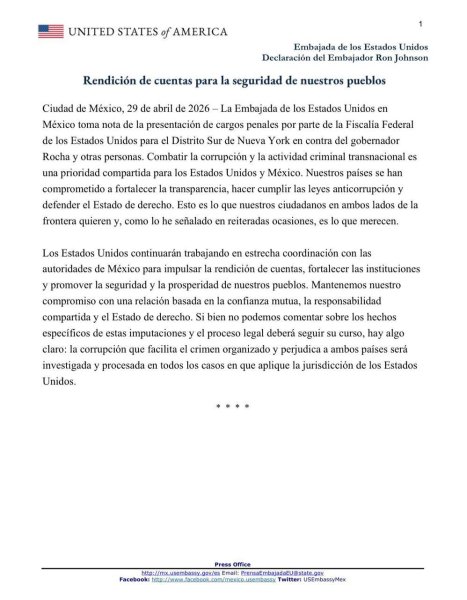 Ron Johnson se pronuncia ante denuncia de EU hacia Rocha Moya