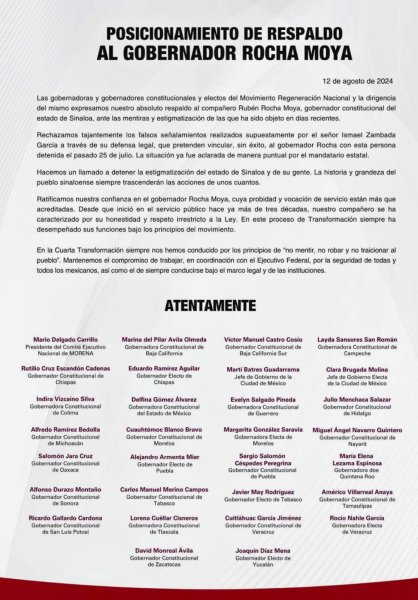 Retoman desplegado de gobernadores de Morena en apoyo a Rocha Moya; crece duda sobre respaldo