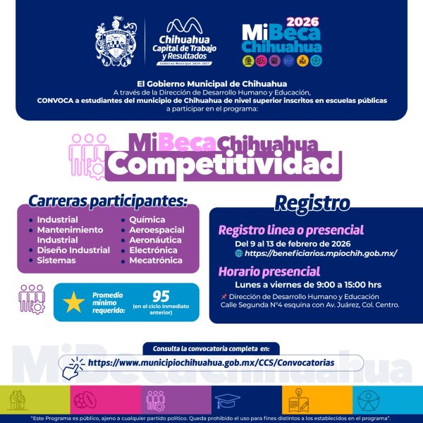 Lanza Municipio convocatoria “Mi Beca Chihuahua 2026” en su modalidad de Competitividad