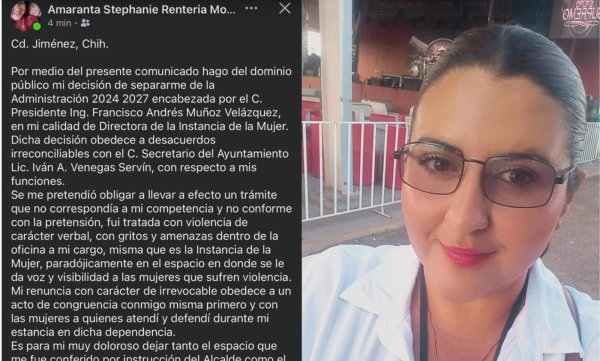 Crisis política en Jiménez; renuncia directora y denuncia amenazas por secretario de Ayuntamiento