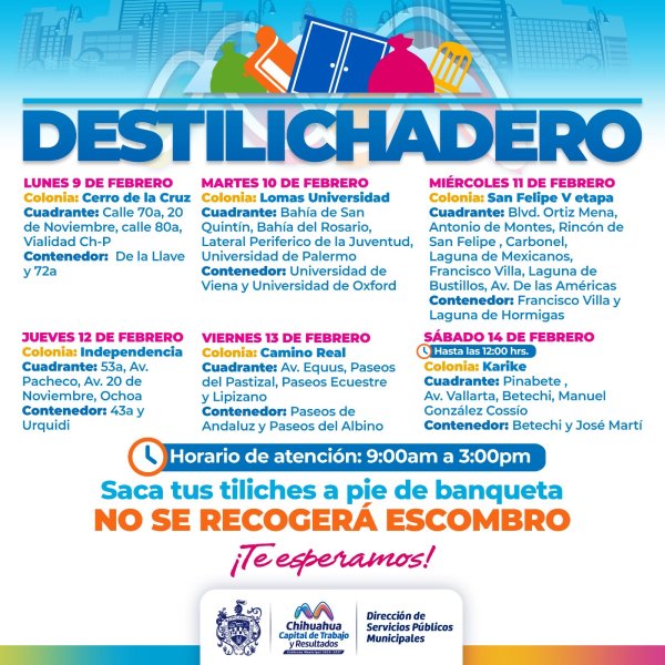 Estará programa Destilichadero en 6 colonias del 9 al 14 de febrero