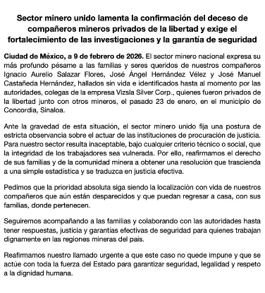 Exige sector minero garantía de seguridad para sus trabajadores