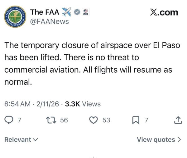 Levantan cierre aéreo a El Paso; confirman que no hay amenaza para aviones comerciales