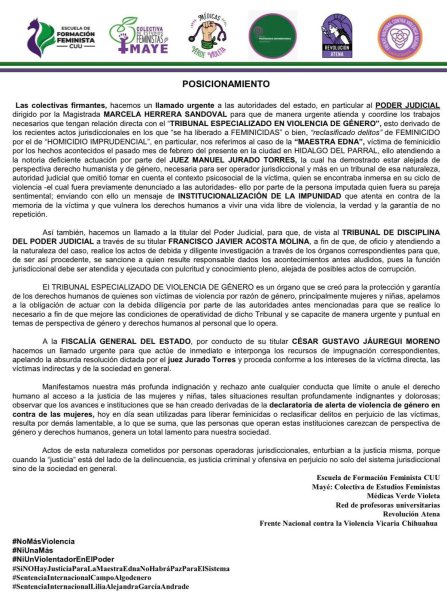Previo al 8M, colectivos feministas truenan contra reclasificación de juez al feminicidio de maestra en Parral
