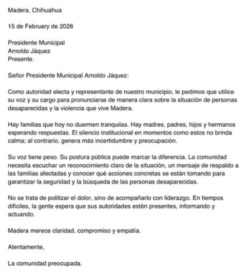 Se viraliza carta dirigida al alcalde de Madera para exigir postura ante desapariciones y violencia
