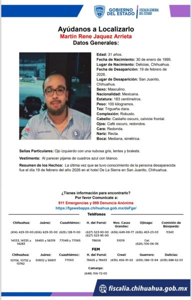 Activa Fiscalía Occidente protocolos de búsqueda por desaparición de Martín René Jáquez en San Juanito