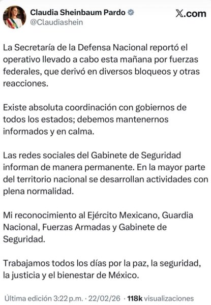 Pide Sheinbaum mantenerse en calma; Asegura que en la mayor parte del país se desarrollan actividades con normalidad