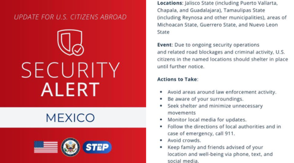 Embajada de EE. UU. emite alerta de emergencia para cinco estados de México tras hechos violentos