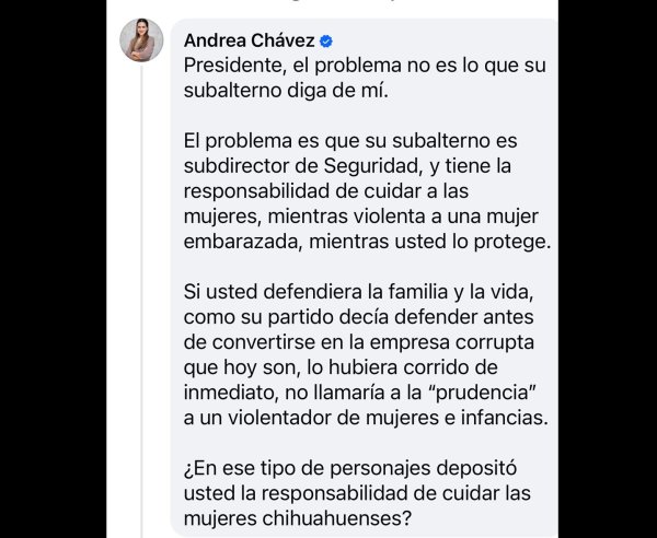 ¿En manos de quién está la seguridad de las mujeres en Chihuahua?: Andrea Chávez cuestiona a Bonilla