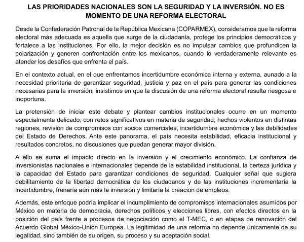 Coparmex pide priorizar seguridad e inversión y considera inoportuna una reforma electoral