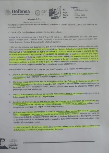 Circula en redes presunto documento oficial sobre acciones de seguridad en Coahuila