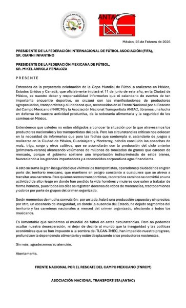 Organizaciones del campo y transportistas advierten posible conflicto social durante el Mundial 2026 en México